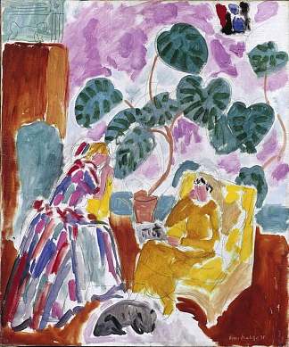 两个女人在绿地里和一只狗 Deux Femmes Dans La Verdure Avec Un Chien (1938)，亨利·马蒂斯
