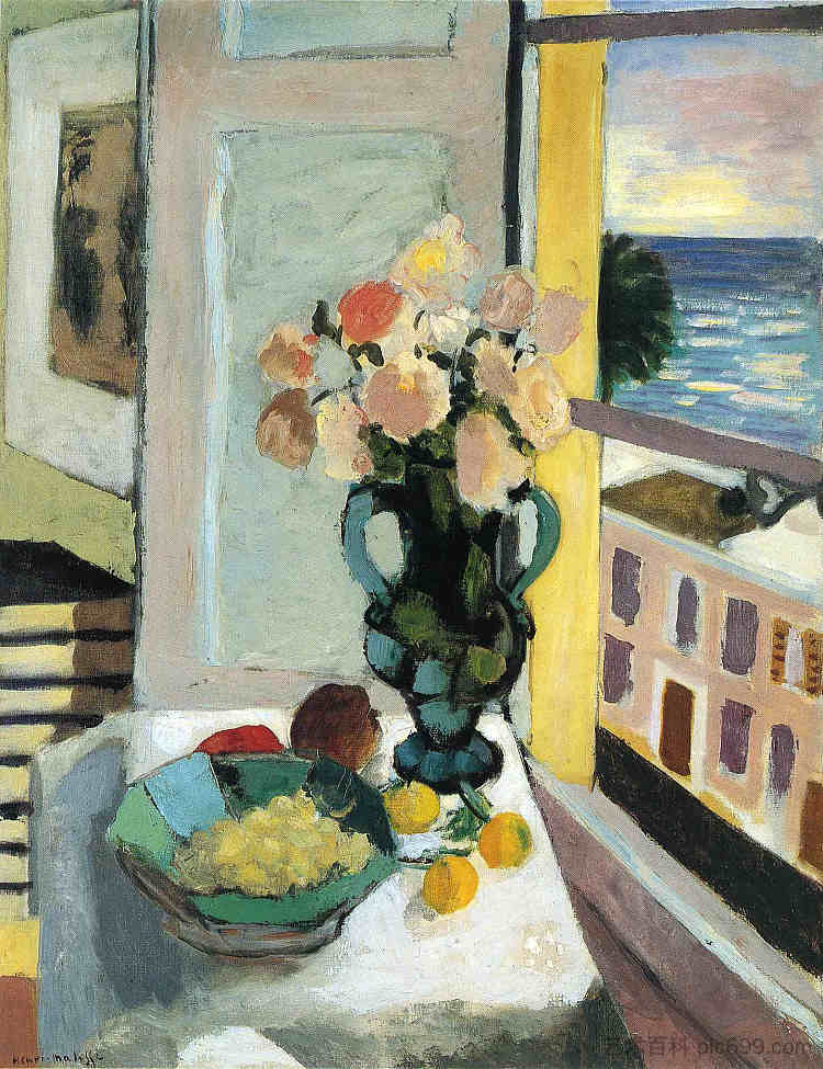 窗前的花 Flowers in front of a Window (1922)，亨利·马蒂斯