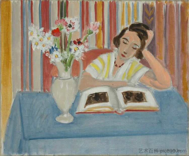 女孩阅读，花瓶 Girl Reading, Vase of Flowers (1922)，亨利·马蒂斯