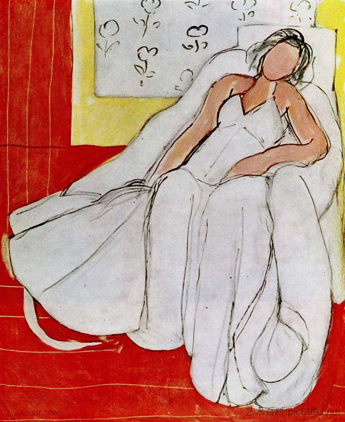 红底白袍女孩 Girl with White Robe on Red Background (1944)，亨利·马蒂斯