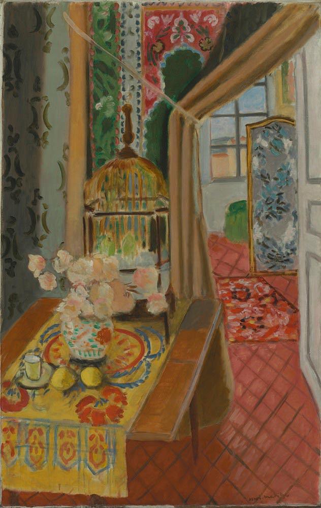 室内，鲜花和长尾小鹦鹉 Interior, Flowers and Parakeets (1924)，亨利·马蒂斯