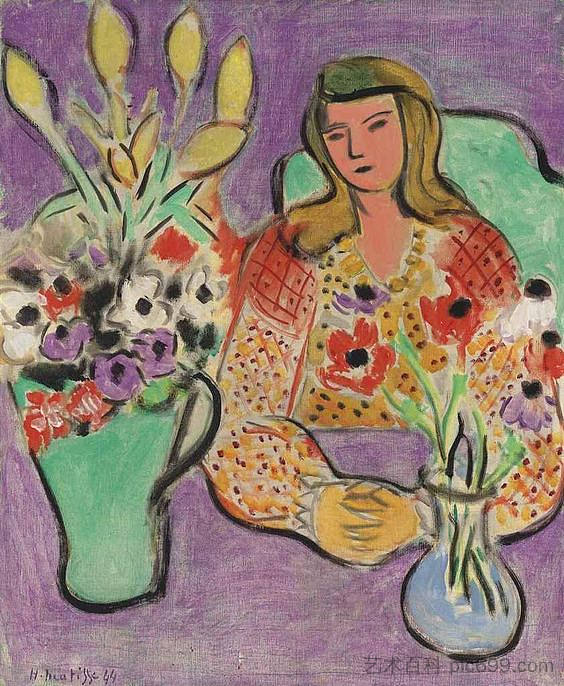 紫色背景上有海葵的女孩 Jeune Fille Aux Anemones Sur Fond Violet (1944),亨利·马蒂斯