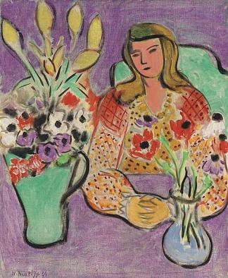 紫色背景上有海葵的女孩 Jeune Fille Aux Anemones Sur Fond Violet (1944)，亨利·马蒂斯