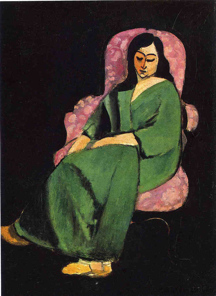 黑色背景下穿着绿袍的洛蕾特 Lorette in a Green Robe against a Black Background (1916)，亨利·马蒂斯