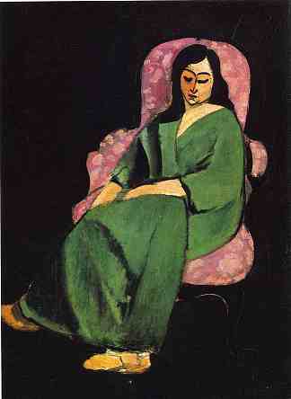 黑色背景下穿着绿袍的洛蕾特 Lorette in a Green Robe against a Black Background (1916)，亨利·马蒂斯