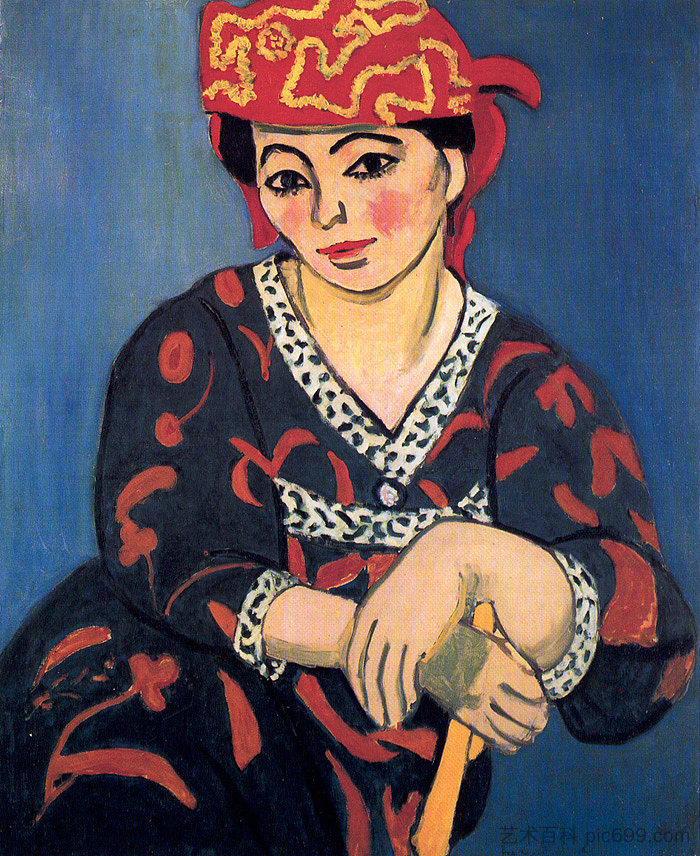 马蒂斯夫人，《红色马德拉斯头饰》 Madame Matisse, The Red Madras Headdress (1907)，亨利·马蒂斯