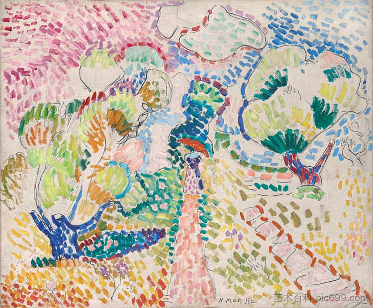 《橄榄树林里的马蒂斯夫人 Madame Matisse in the Olive Grove (1905)，亨利·马蒂斯