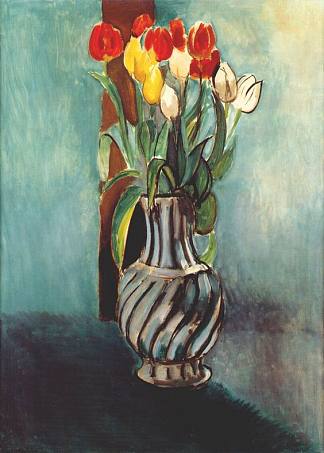我，我自己和司汤达郁金香花瓶 Me, Myself & Stendhal Vase of Tulips (1914)，亨利·马蒂斯