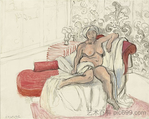 光着身子坐在躺椅上 Nu Sur La Chaise Longue (1920)，亨利·马蒂斯