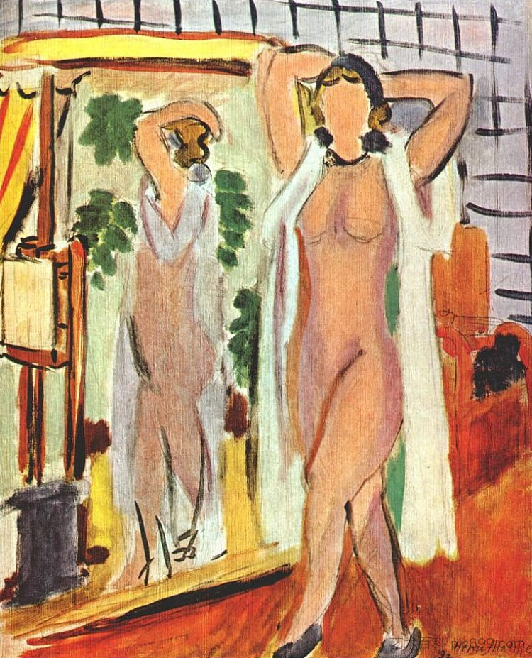 裸体在白色佩尼奥站在镜子旁 Nude in White Peignoir Standing by Mirror (1937),亨利·马蒂斯