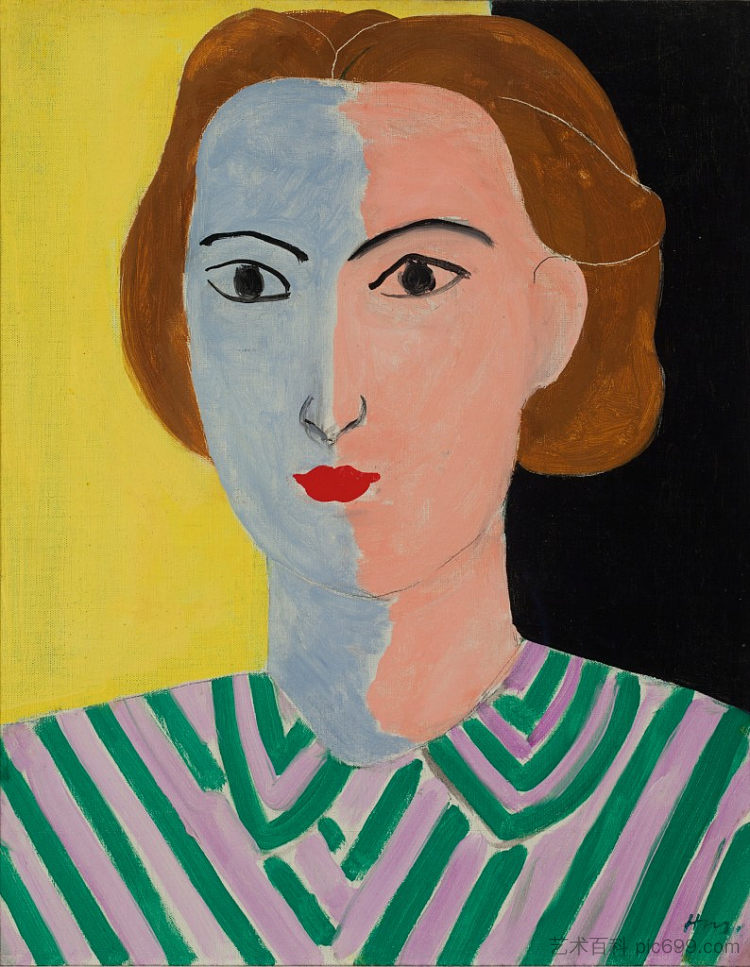 肖像与粉红色和蓝色的脸 Portrait with Pink and Blue Face (1936),亨利·马蒂斯