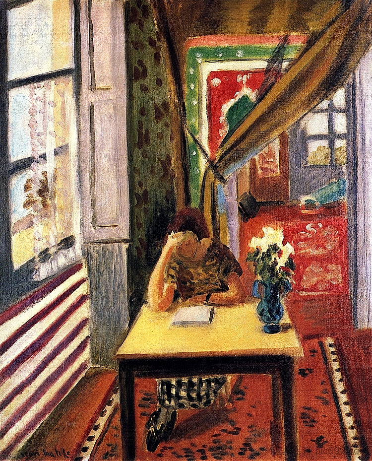 读者将胳膊肘靠在桌子上 Reader Leaning Her Elbow on the Table (1923)，亨利·马蒂斯