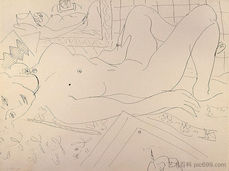 斜倚的裸体(画家和他的模特) Reclining Nude (The Painter and his Model) (1935)，亨利·马蒂斯