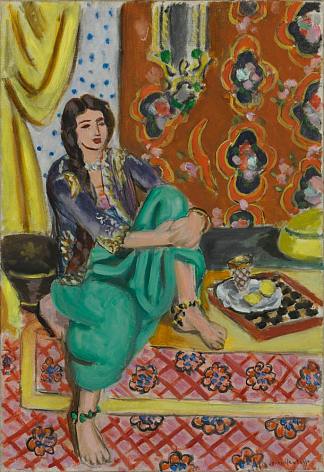 坐式裙装，左膝弯曲，装饰背景和棋盘 Seated Odalisque, Left Knee Bent, Ornamental Background and Checkerboard (1924)，亨利·马蒂斯