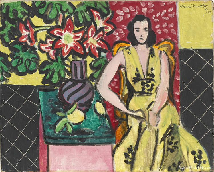 坐着的女人拿着一瓶阿玛丽利斯 Seated Woman with a Vase of Amaryllis (1941)，亨利·马蒂斯