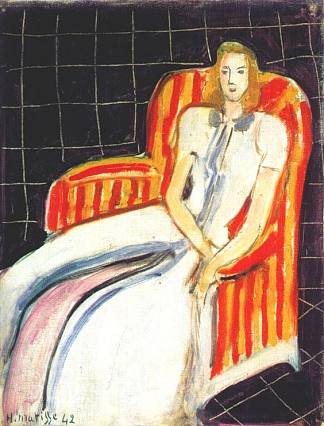 西蒙妮在条纹扶手椅 Simone in Striped Armchair (1942)，亨利·马蒂斯