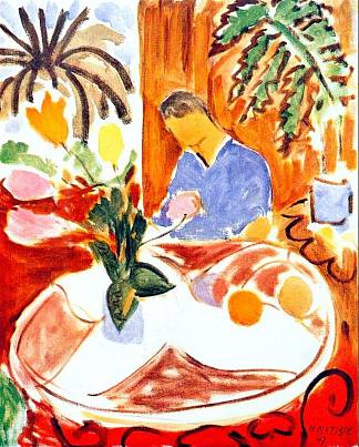 小室内与圆形大理石桌子 Small Interior with Round Marble Table (1947)，亨利·马蒂斯