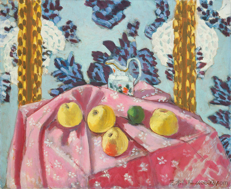 静物与粉红色桌布上的苹果 Still Life with Apples on a Pink Tablecloth (1924)，亨利·马蒂斯