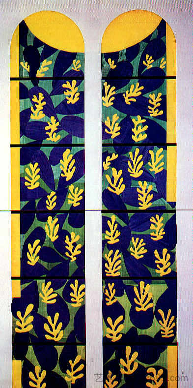 生命之树在旺斯玫瑰经教堂祭坛后面的彩色玻璃 Tree of Life' Stained Glass behind the Altar in the Chapel of the Rosary at Vence (1948 - 1951),亨利·马蒂斯