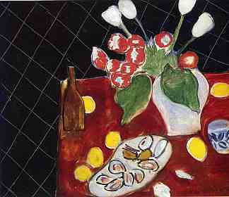 黑色背景上的郁金香和牡蛎 Tulips and oysters on a black background (1943)，亨利·马蒂斯
