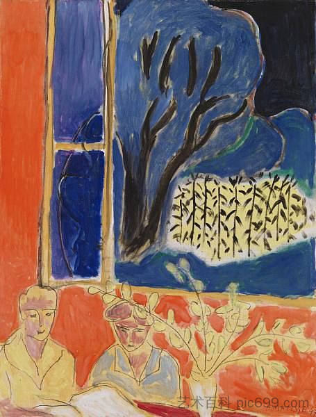 两个年轻女孩在珊瑚室内，蓝色花园 Two Young Girls in a Coral Interior, Blue Garden (1947)，亨利·马蒂斯