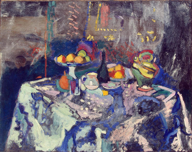 花瓶、瓶子和水果 Vase, Bottle and Fruit (c.1906)，亨利·马蒂斯