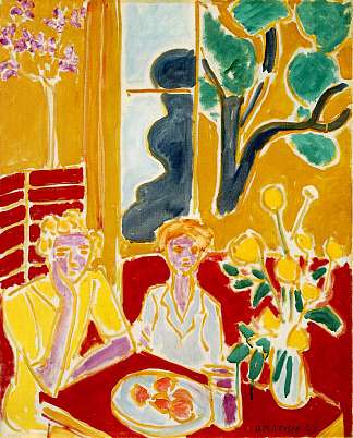 黄色和红色内饰的两个女孩 Two Girls in a Yellow and Red Interior (1947)，亨利·马蒂斯