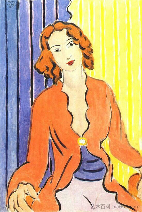 蓝色和黄色背景中的女人 Woman In Blue and Yellow Background (1932)，亨利·马蒂斯