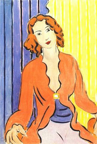 蓝色和黄色背景中的女人 Woman In Blue and Yellow Background (1932)，亨利·马蒂斯
