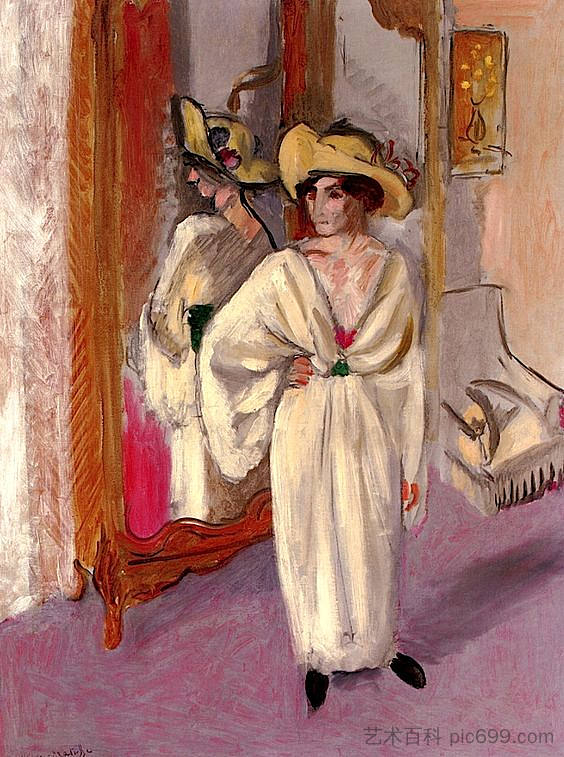 镜子前的白衣女人 Woman in White in Front of a Mirror (1918)，亨利·马蒂斯