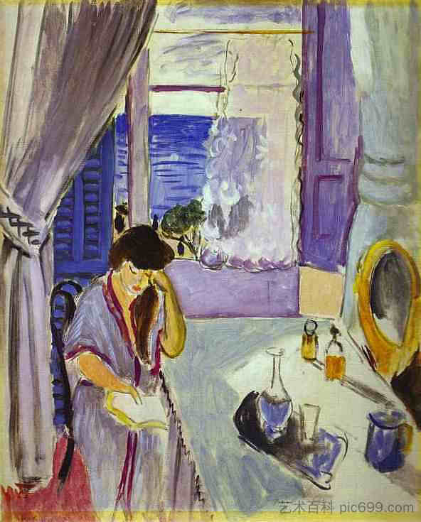 在梳妆台上看书的女人（内部，尼斯） Woman Reading at a Dressing Table (Interieur, Nice) (1919)，亨利·马蒂斯