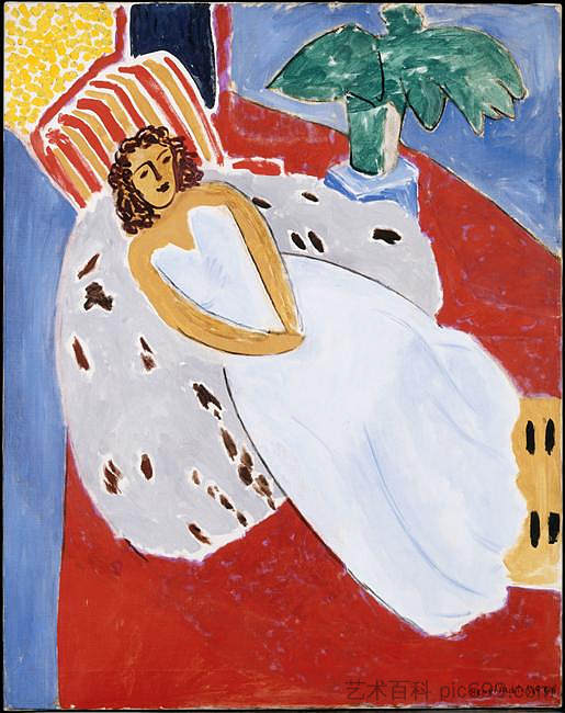 年轻女子在白色，红色背景 Young Woman in White, Red Background (1946)，亨利·马蒂斯