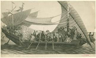 马克·安东尼和克利奥帕特拉在埃及驳船上（印刷复制品） Mark Antony and Cleopatra aboard an Egyptian barge (print reproduction) (1891)，亨利-皮埃尔·皮库