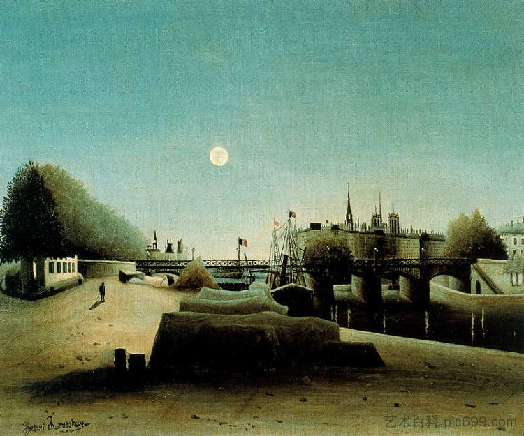 从圣尼古拉斯港傍晚看圣路易斯岛 A View of the Ile Saint Louis from Port Saint Nicolas Evening (c.1888),亨利·卢梭