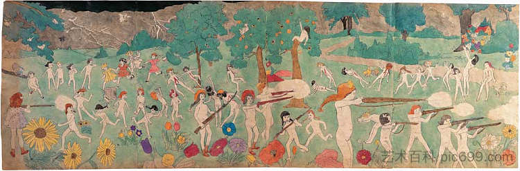 无题（闪电风暴期间的战斗场景，拿着步枪的裸体儿童） Untitled (Battle Scene during Lightning Storm, Naked Children with Rifles)，亨利达格