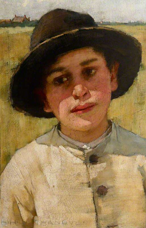 一个戴黑帽子的男孩在玉米地前的研究 Study of a Boy in a Black Hat, before a Cornfield，亨利·赫尔伯特·拉坦格