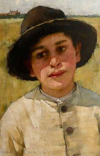 一个戴黑帽子的男孩在玉米地前的研究 Study of a Boy in a Black Hat, before a Cornfield，亨利·赫尔伯特·拉坦格