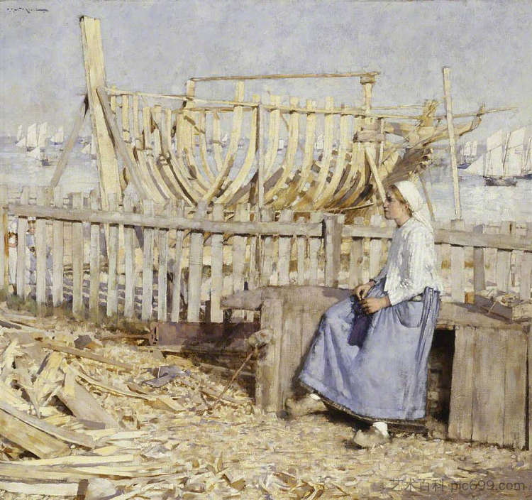 造船厂，布列塔尼康卡尔 The Boat Builder's Yard, Cancale, Brittany (1881)，亨利·赫尔伯特·拉坦格