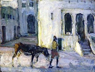 丹吉尔司法宫前牵驴子的男人 Man Leading a Donkey in Front of the Palais de Justice, Tangier (1912)，亨利奥萨瓦瓦坦纳