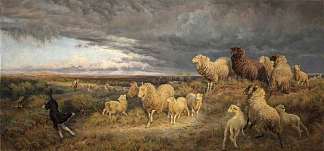 雷暴逼近，羊群被赶回家，法国皮卡第。 Approaching Thunderstorm, Flocks Driven Home, Picardy, France (1889)，亨利·威廉·班克斯·戴维斯