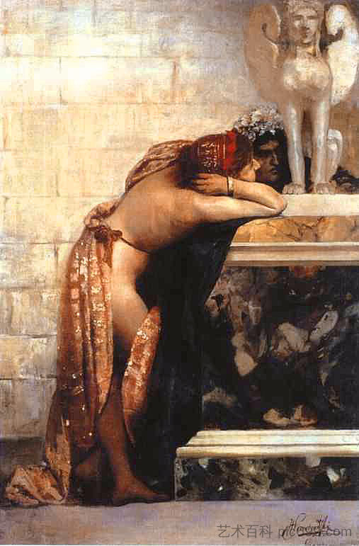狮身人面像旁的两个人物(研究) Two Figures by a Statue of Sphinx (study) (1870 - 1880),亨里克·西米拉斯基波兰