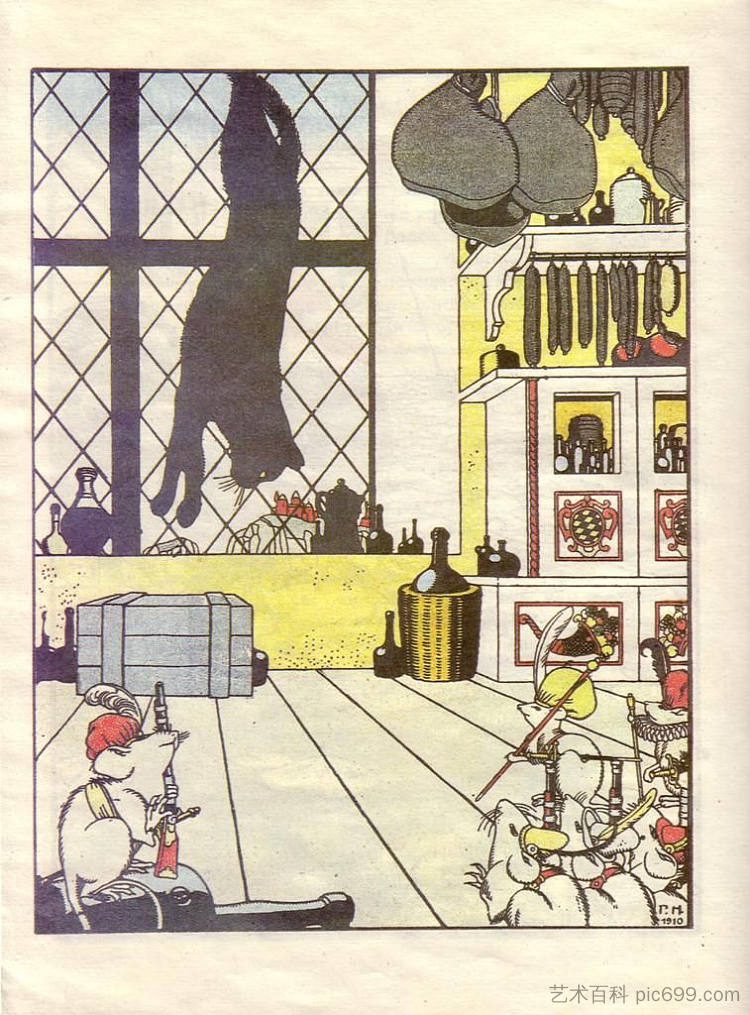 茹科夫斯基的《老鼠如何埋葬猫》一书的插图 Illustration for the book 'How mice buried the cat' by Zhukovsky (1910; St. Petersburg,Russian Federation ),希尔西·纳布特