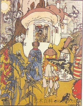 童话故事“蘑菇战争”的插图 Illustration to the fairy tale 'The War of mushrooms' (1909; St. Petersburg,Russian Federation  )，希尔西·纳布特