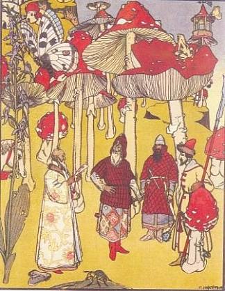 童话故事“蘑菇战争”的插图 Illustration to the fairy tale ‘The War of mushrooms’ (1909; St. Petersburg,Russian Federation                     )，希尔西·纳布特