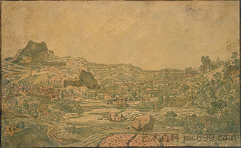 拥有四座塔楼的城镇 Town with four towers (c.1631)，豪科鲁斯·色格尔斯