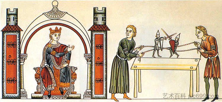 战斗骑士木偶,来自Hortus Deliciarum。 Fighting Knight-Puppets, from Hortus Deliciarum (c.1167 - c.1185; Hohenburg Abbey,France ),兰茨贝格赫拉德