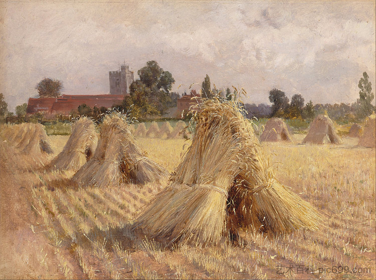 布雷教堂的玉米斯托克斯 Corn Stooks by Bray Church (1872)，海伍德·哈代