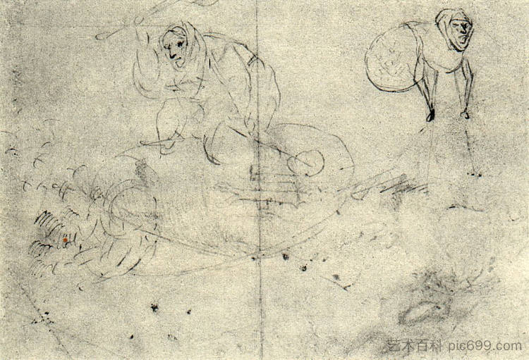 蜂箱和怪物中的人物（两个女人的粗略草图） Figure in a beehive and a monsterb (A cursory sketch of two women)，希罗尼穆斯·波希