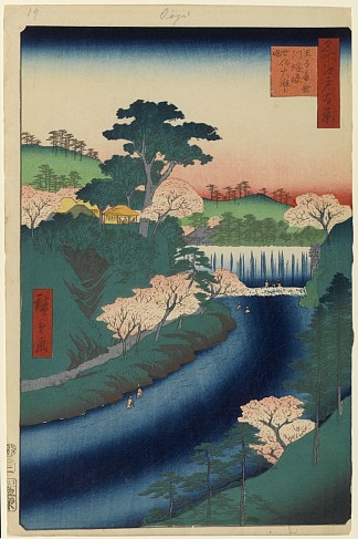 19. 被称为大瀑布的大寺音梨川上的大坝 19. Dam on the Otonashi River at Ōji, Known as The Great Waterfall (1857)，歌川广重