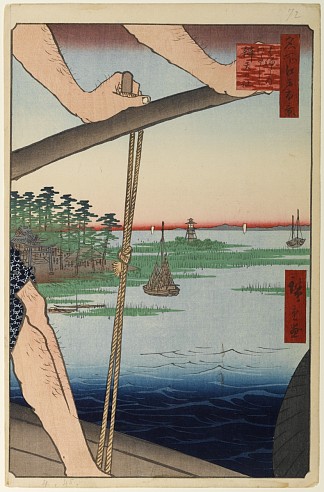 72 羽田的渡口和弁天神社 72 The Ferry at Haneda and the Benten Shrine (1857)，歌川广重